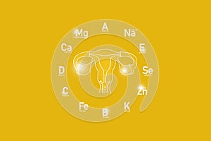 Stylized clockface with essential vitamins and microelements for human health, hand drawn human Uterus, yellow background.