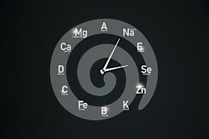 Stylized clockface with vitamins and microelements for human health.