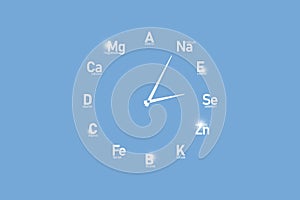 Stylized clockface with vitamins and microelements for human health. Anti age products and healthcare concept design mockup.