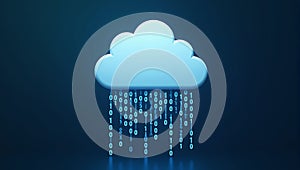 A stylized cloud icon with streams of binary code rain falling down, symbolizing data storage, cloud technology, and information
