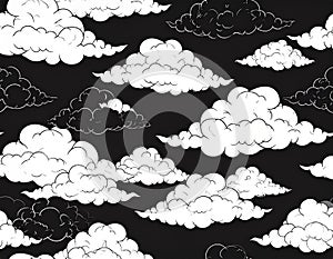 Stylized Clouds Seamless Pattern on Black Background
