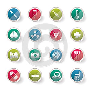 Stylized collection of medical themed icons and warning-signs over colored background