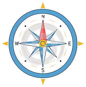 Stylized compass illustration with red needle pointing North for direction and exploration