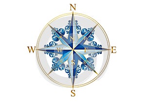 Stylized compass rose featuring a central blue star with eight
