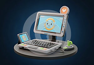 Of a stylized computer setup features a desktop with a large