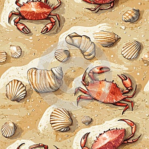 Stylized Crabs and Seashells on Seamless Sandy Beach Pattern