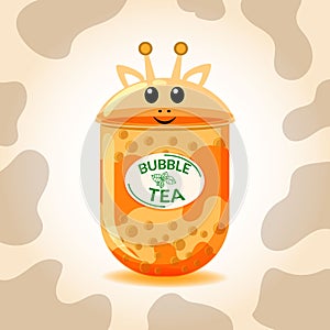 A stylized cup of sweet bobble tea. Little giraffe. Spots. Orange animal and drink. Tea with tapioca pearls. Asian