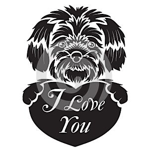 Stylized cute dog in black holding a heart with an inscription in its paws, logo, isolated object on a white background, vector