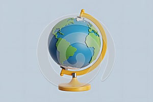 A Stylized 3D Globe on a Yellow Stand Against a Light Blue Background