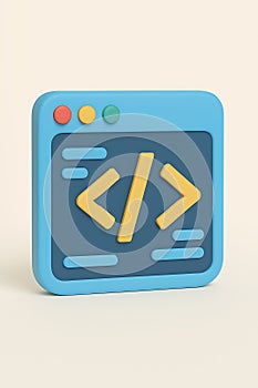 Stylized 3d icon of a computer screen displaying code symbols for programming and development
