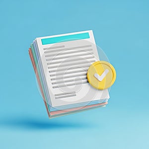 Stack of documents with a yellow coin and a white checkmark papers report