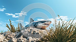 Stylized 3d Shark On Rocks: A Unique Algeapunk Yankeecore Icon