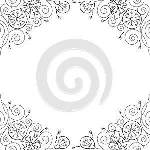 Stylized dandelion flowers and swirls, black and white line art, vector