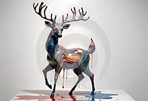 Stylized deer with large antlers, painted with vibrant, multi colored strokes against a plain background, Generative AI