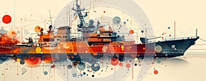 Stylized depiction of a navy mine countermeasures ship with abstract design elements