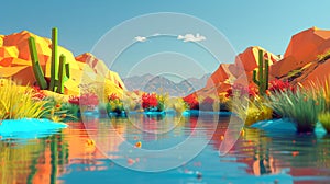 Stylized desert landscape featuring colorful flora and cacti along a reflective cobalt blue river