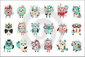 Stylized Design Owls Emoji Stickers Set Of Cartoon Childish Vector Characters With Funky Elements