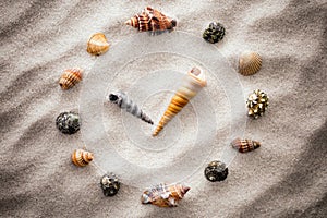 Stylized dial clock for shells on the sand for concentration and relaxation for harmony and balance in pure simplicity