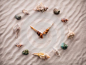 Stylized dial clock for shells on the sand for concentration and relaxation for harmony and balance in pure simplicity