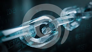 A stylized digital chain with holographic text representing blockchain technology concepts and secure data links
