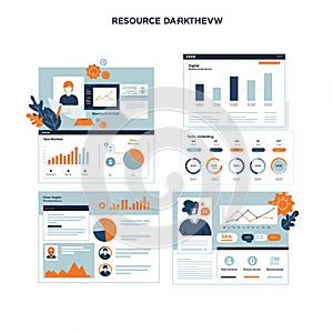 Stylized digital dashboards convey various data metrics and analytics. Layouts photo