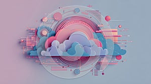 Stylized Digital Illustration of Cloud Computing Concept Featuring Glowing Circuit Lines and Spherical Data Nodes on a