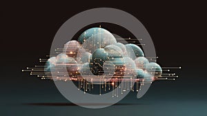 Stylized Digital Illustration of Cloud Computing Concept Featuring Glowing Circuit Lines and Spherical Data Nodes on a