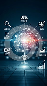 A stylized digital illustration features a glowing brain at the center of a futuristic network.