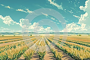 Stylized digital illustration of vast wheat fields under a dynamic sky in a rural landscape