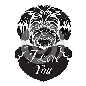 Stylized dog in black holding a heart in its paws, isolated object on a white background, vector illustration