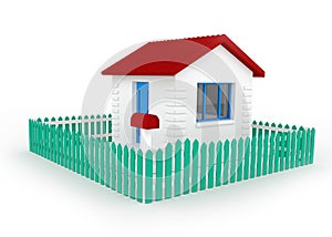 Stylized dollhouse. White facade and blue window frames and doors. Red roof and green fence. Red ma