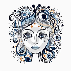 Stylized Doodle Girl Head With Swirly Patterns Vector