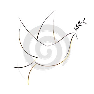 Stylized drawing of a flying dove with olive leaves, a symbol of peace and rebirth, easter, peace, love photo