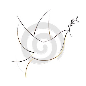 Stylized drawing of a flying dove with olive leaves, a symbol of peace and rebirth, easter, peace, love