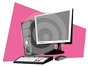 Stylized drawing of a work computer. System unit. Monitor. Keyboard. Mouse.