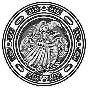 Stylized Eagle in Circular Aztec Design, Black and White Vector Illustration