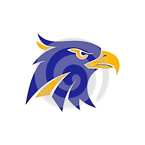 Stylized eagle head logo featuring a bold design with a blue head and gold beak. The
