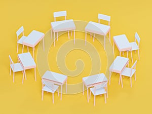 Stylized elementary school desk and chairs group, 3d rendering.