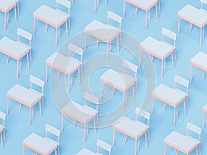 Stylized elementary school desk and chairs pattern, 3d rendering.