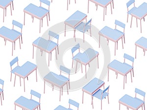 Stylized elementary school desk and chairs pattern, 3d rendering.