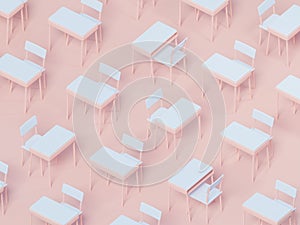 Stylized elementary school desk and chairs pattern, 3d rendering.