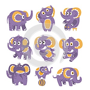 Stylized Elephant With Polka-Dotted Pattern Set Of Childish Stickers Or Prints Of Friendly Toy Animal In Violet And