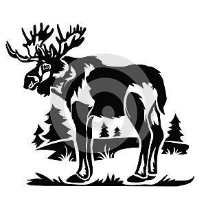 Stylized elk with big horns in the forest, logo, isolated object on a white background, vector illustration