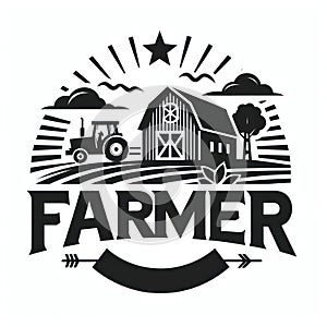 Stylized farmer logo with barn and tractor