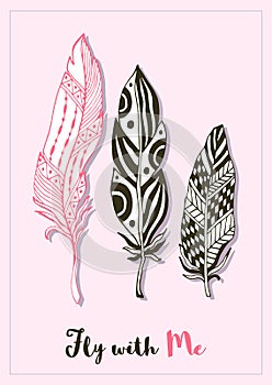 Stylized feathers love card template. Cute zentangle design for greeting postcard. Vector art