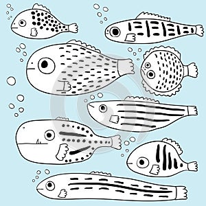 Stylized fishes. Set of abstract sea fish. Cartoon . Collection. Children`s drawings. Line art. Vector.