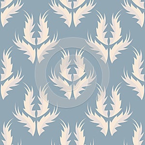Stylized flame shape leaf seamless vector pattern background. Duck egg blue and cream white beige vintage damask retro