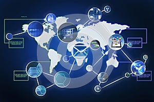 Stylized flat design network is showing tech icons linked by lines over gradient map silhouette