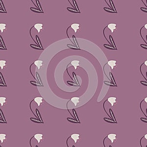 Stylized floral seamless pattern with bluebell flower silhouettes. Purple pastel background. Vintage botanic backdrop