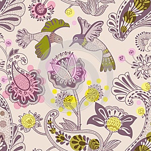 Stylized flowers and birds seamless pattern. Colorful decorative nature wallpaper. Cute floral background. Drawn flowers